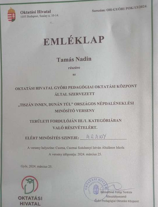 Tamás Nadin emléklap