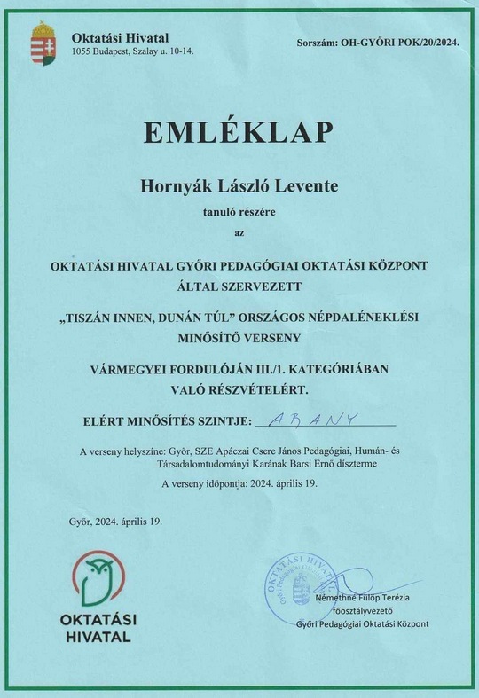 Hornyák László oklevél