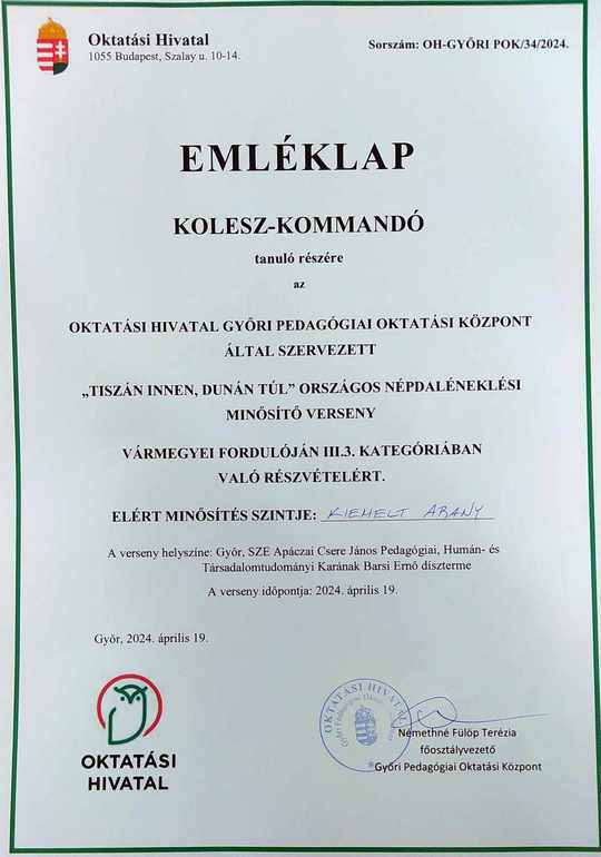 Kolesz Kommandó oklevél